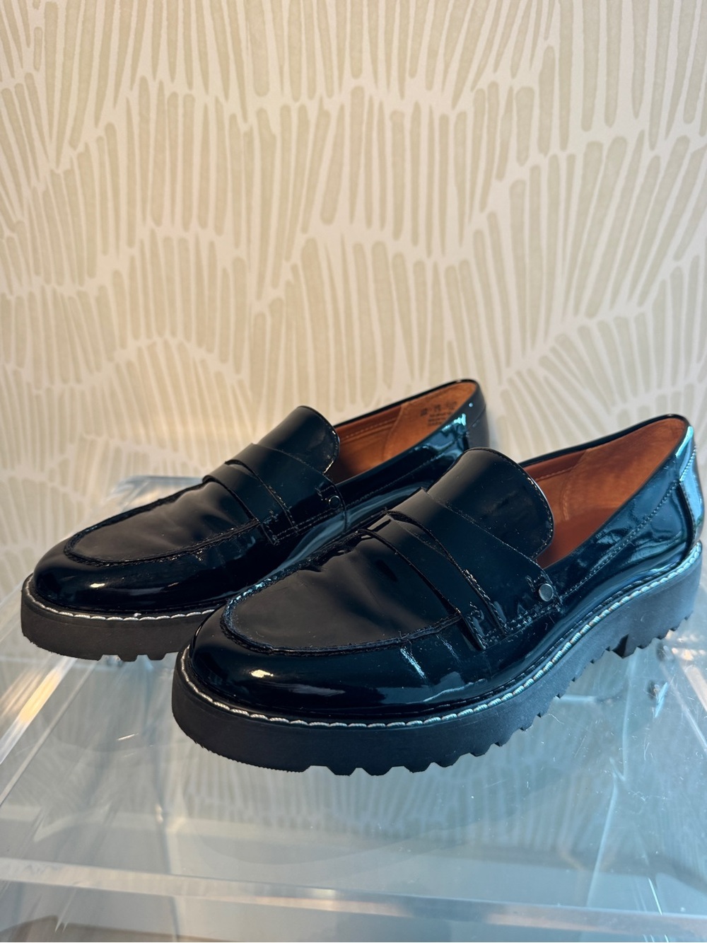 Franco Sarto Black Patent Leather Lug Sole Loafers